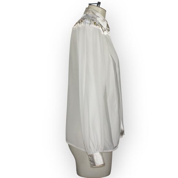 XS/S Vintage Erena by Irene Koenig Satin Blouse Ivory Embellished Yoke - Picture 16 of 16